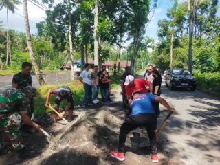 Peduli Keselamatan Pengguna Jalan, TNI, Polri dan Pemerintah Kecamatan Dimembe, Kerja Bakti Gerakan Indonesia Asri Timbun Jalan Berlubang di Ruas Poros Dimembe – Likupang